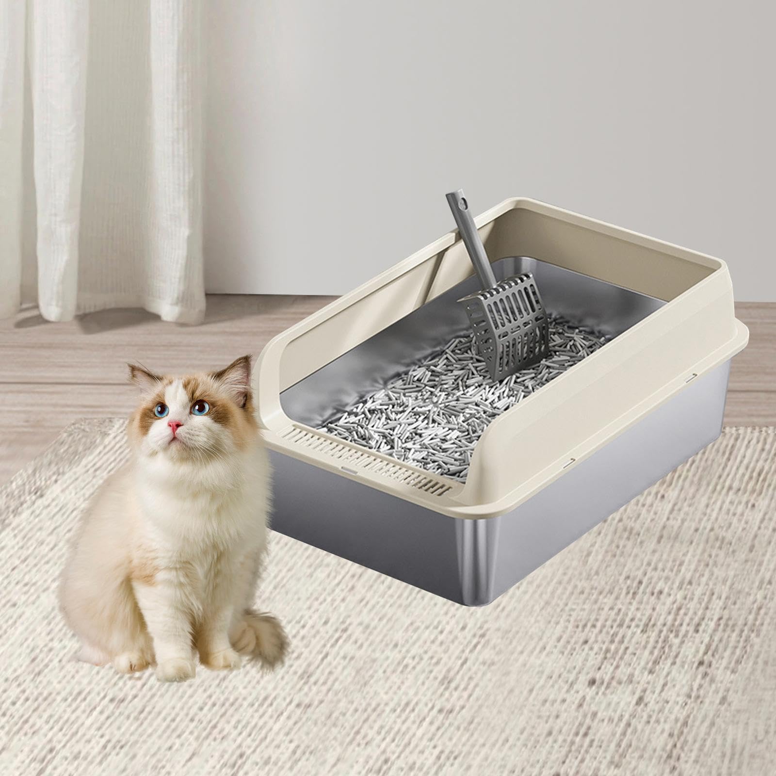 3 Pezzi Lettiera per Gatti Cassetta Vassoio per Animali Toilette Aperta Robusta in Acciaio con Ingresso Basso E Maniglie Adatto per Gattini, Cachi e L
