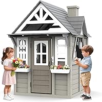 Btmway Cedar Gray Wooden Kids Outdoor Playhouse Ages 3-8 with Play Kitchen, Doorbell, Sink, Flowerpot
