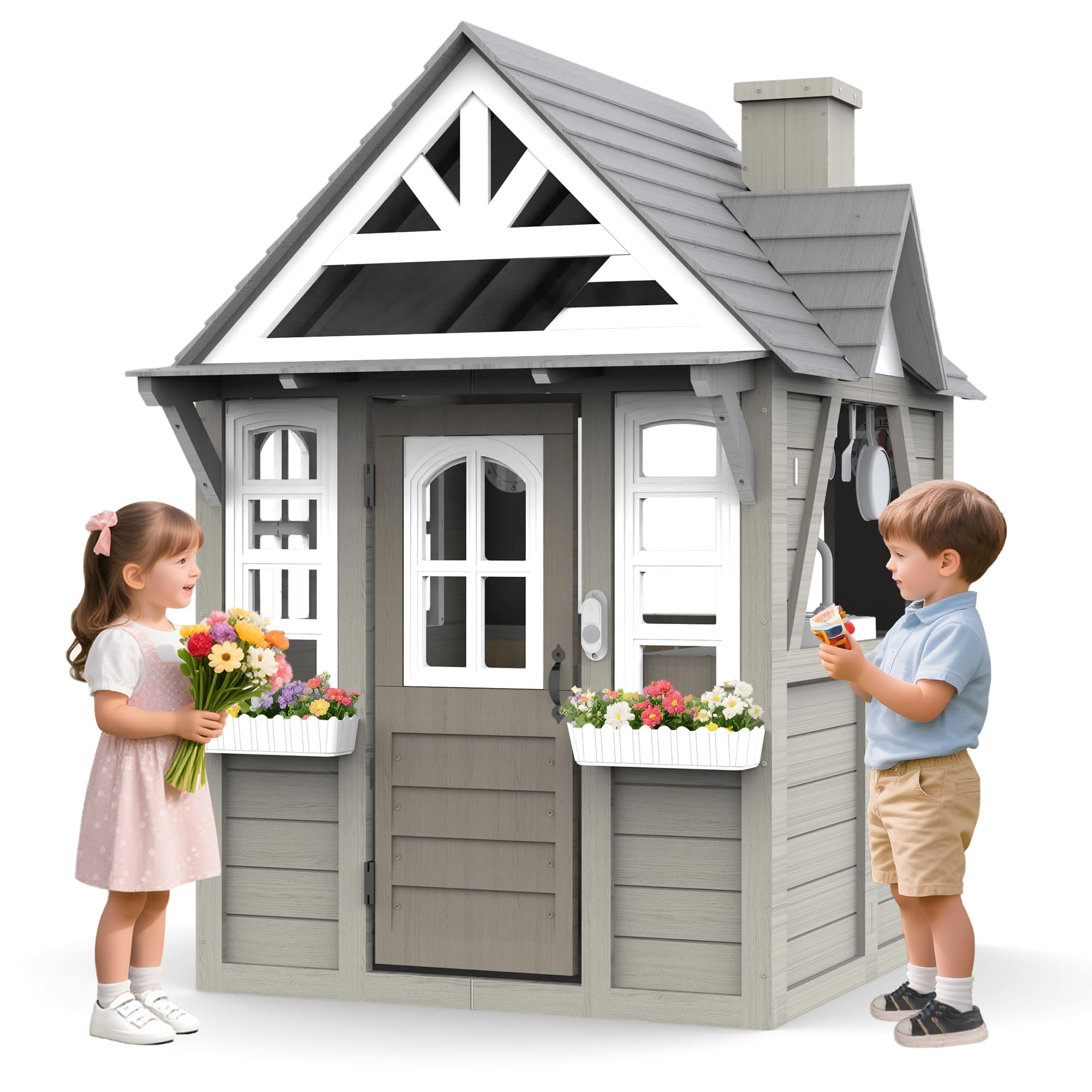 BTMWAY Kids Outdoor Playhouse,Cedar Gray Wooden Play House for Kids Ages 3-8, with Play Kitchen, Interactive Doorbell, Toy Phone, Sink, Flowerpot