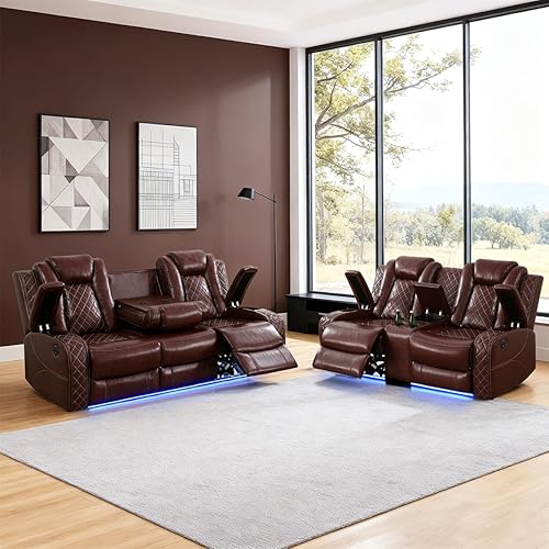 Juego de sofá reclinable eléctrico para sala de estar, juego de sofá reclinable de cuero con luces LED, puertos USB, almacenamiento oculto, juego de