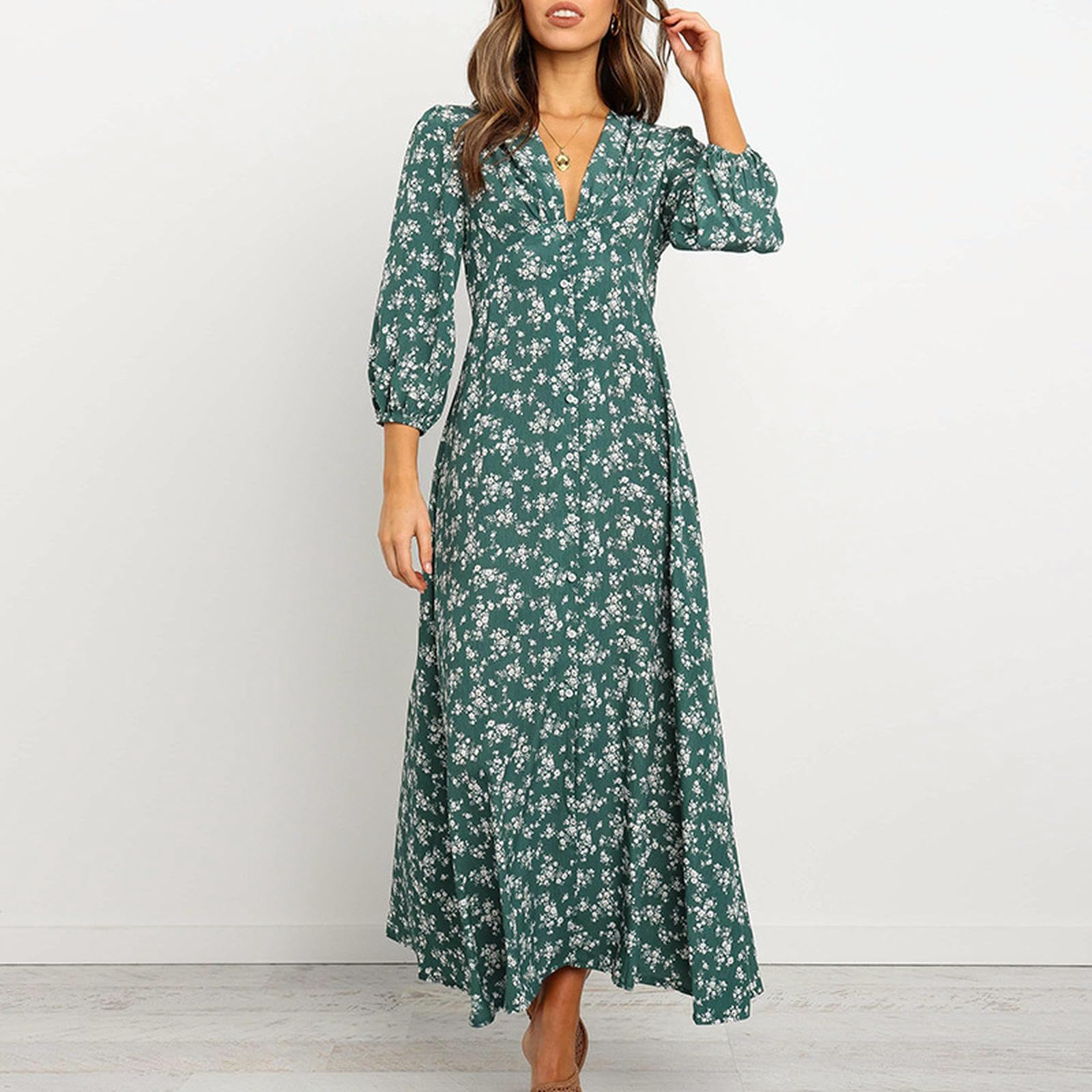 Damska Letnia Sukienka V Neck Latarka Rękawy Guziki Wysoka Talia Casual Retro Midi