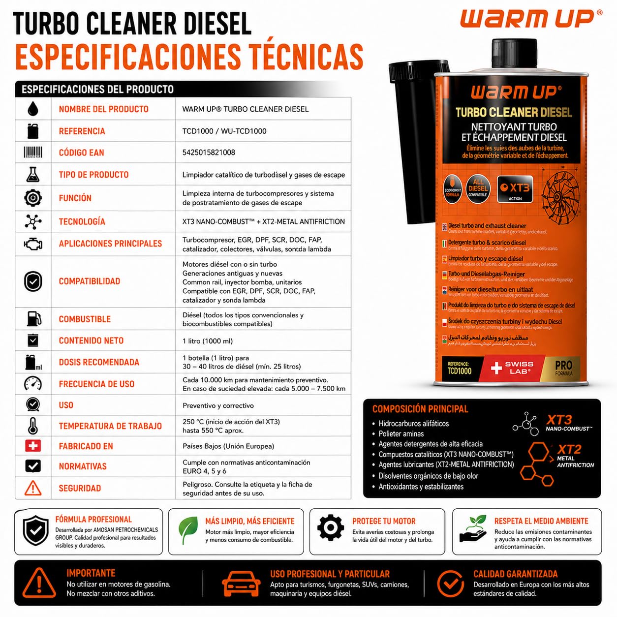 WARM UP Turbo Cleaner Diesel TCD1000 1L | Limpiador de Turbo Diésel y Sistema de Escape | Ayuda a Limpiar Geometría Variable, EGR, FAP/DPF y Catalizador | Tecnología XT3 + XT2