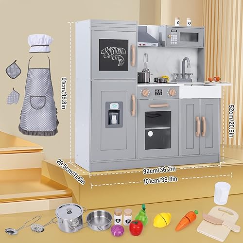 Miniatura 4 de Cocina de madera con accesorios de utensilios de cocina, juego de chef de madera con utensilios de cocina de madera con microondas, horno,