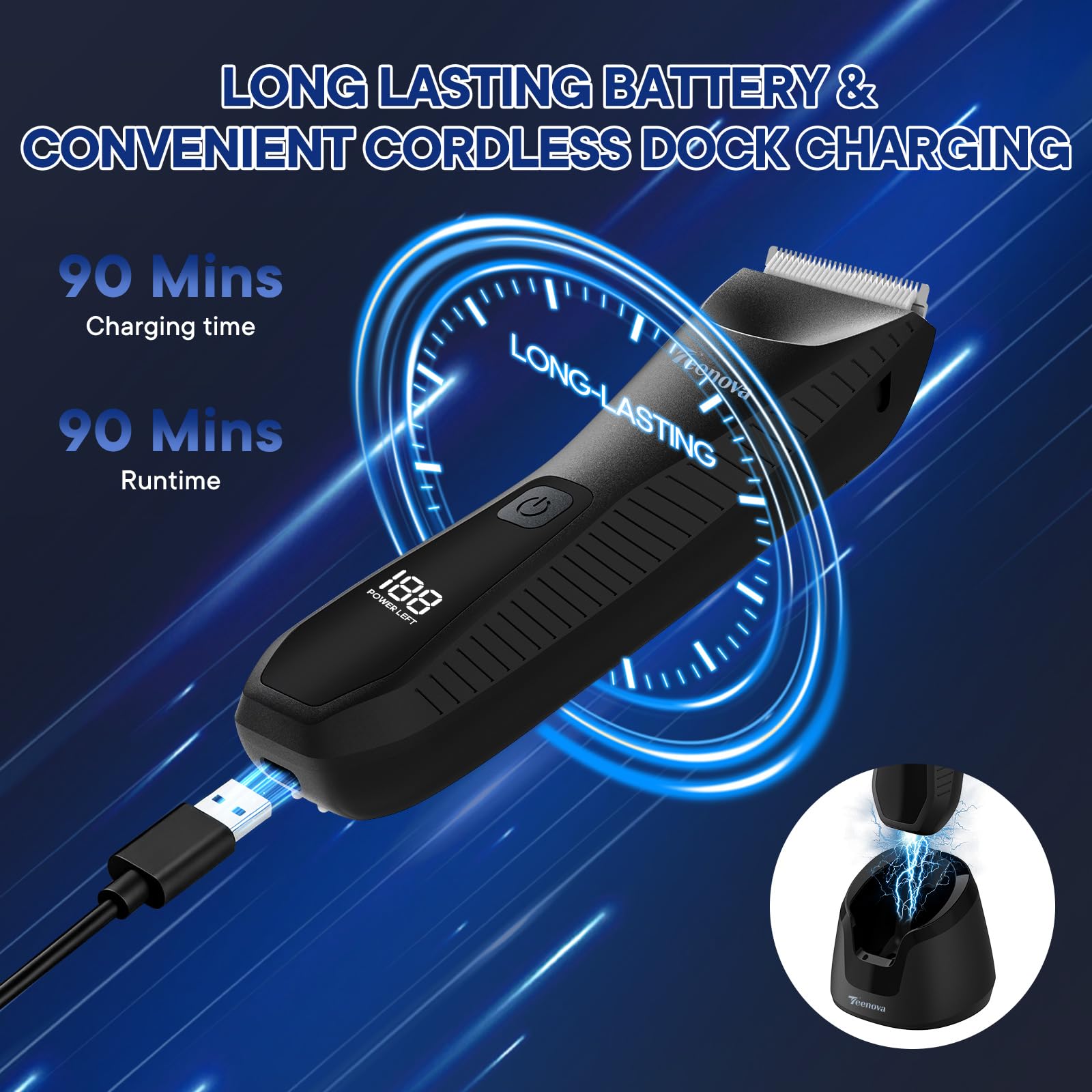 Tondeuse à poils pubiens et corporels pour homme, rasoir électrique 2 en 1 avec lame en céramique, tondeuse à chargement sans fil avec écran LED