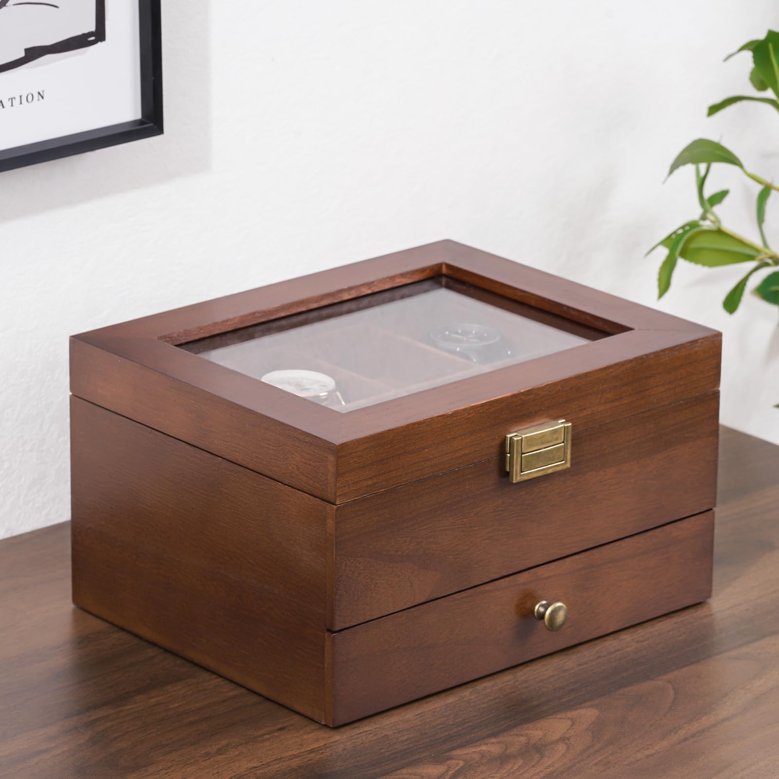ProCase Caja de Relojes de Madera con 8 Compartimentos, Caja de Almacenaje para Relojes con Cajón, Caja de 2 Niveles para Relojes, Caja Regalo para Hombre y Mujer - 8 Ranuras,Madera