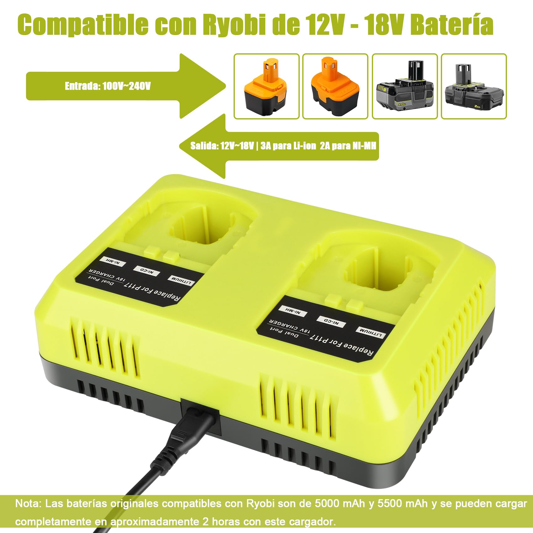 KUNLUN P117 - Cargador para Ryobi 18 V, batería de repuesto para Ryobi One+ P108 P107 P104 P105 P102 P103 P117 batería Li-ION/Nih