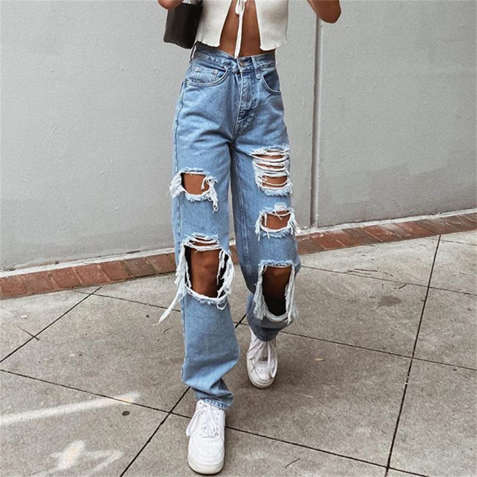 WFEI Pantaloni Casual da Donna Sexy Jeans Pantaloni Casual Big Fori Pantaloni Lunghi Donne Jeans strappato Pantaloni in Denim sfilacciati