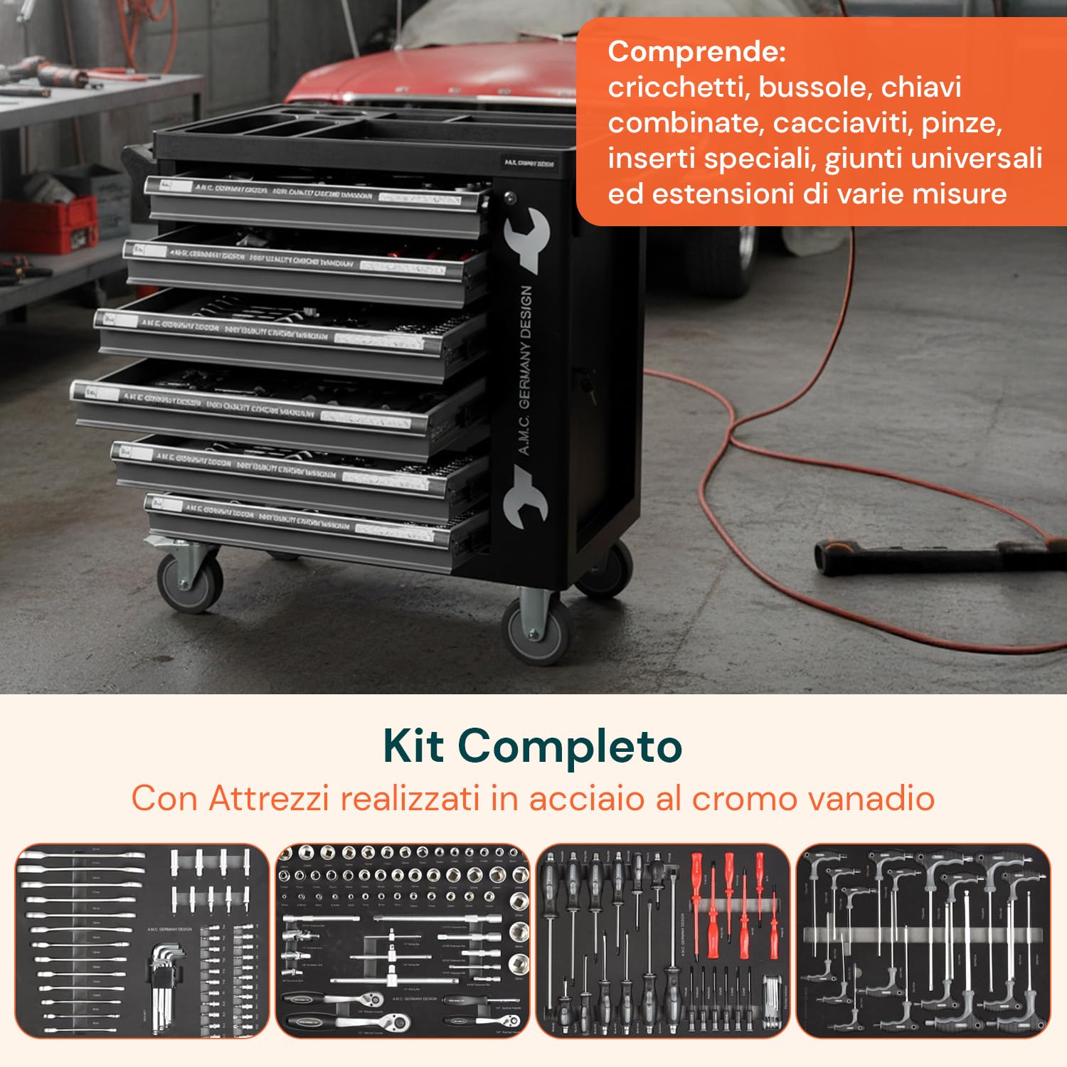 Avilia - Carrello Porta Attrezzi da Officina con 6 Cassetti e 1000 Utensili in Acciaio al Cromo Vanadio per Uso Professionale e Fai da Te