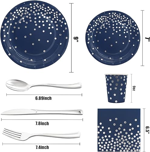 Miniatura 3 de Gudvilla Juego de 168 platos de papel azul marino con puntos plateados para 24 invitados, platos de fiesta, tazas y servilletas para cumpleaños,