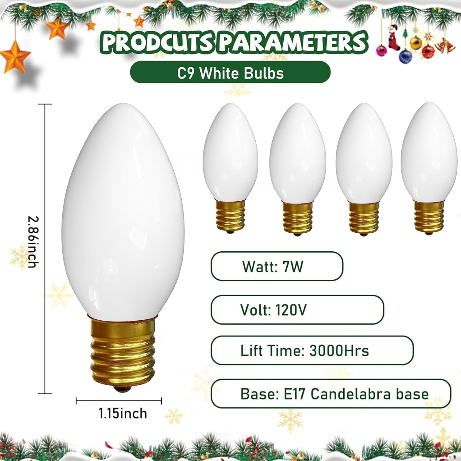 25 Pack C9 7W Christmas Light Bulbs, C9 White Incandescent Bulbs Replacement for Christmas String Lights, Holiday Ceramic Bulbs, 7 Watt, White