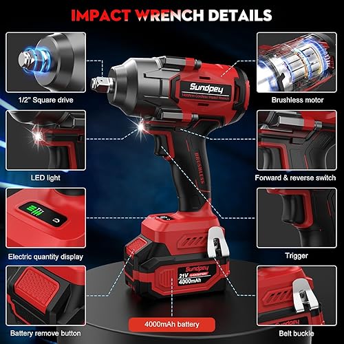 Miniatura 7 de Sundpey Llave de impacto inalámbrica de 1033 pies-libras, pistola de impacto de alto par de 1400 Nm, destornillador de impacto sin escobillas de 21