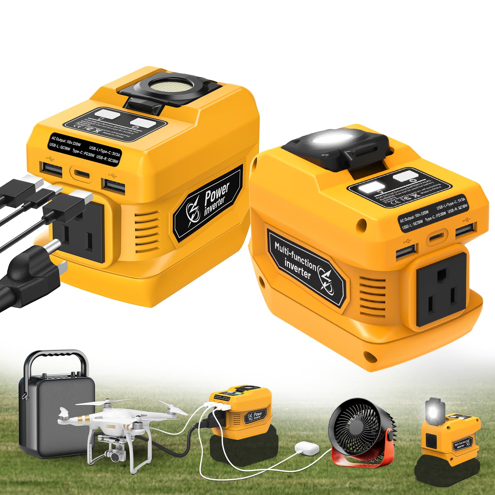 220W Power Inverter for Dewalt 20V Battery, DC 20V to AC 110V Portable Power Station Generator with 1 AC Outlet, 2 USB Ports & 1 Type-C Fast Charging, 400LM LED Work Light (2-Pack)