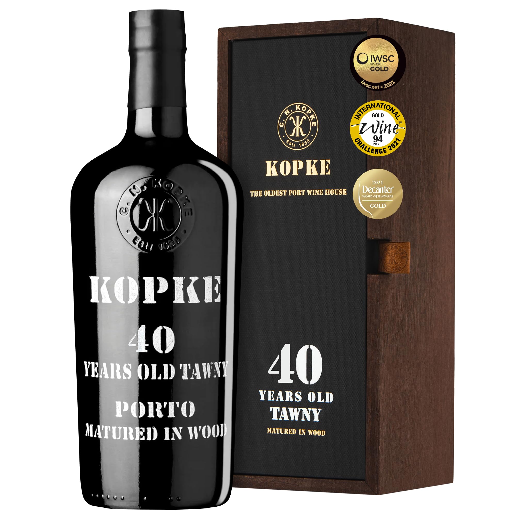 Kopke Porto Tawny 40 Ans – Un Porto Tawny Rouge d’Exception, Vieilli avec Savoir-Faire à partir des Meilleurs Cépages du Douro | Présenté dans un Coffret Cadeau en Bois Raffiné | 0,75L, 20% Vol.