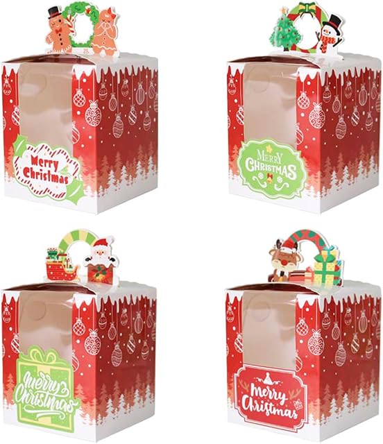 Allbusky 24PCS Christmas Individual Cupcake Boxes Cake Boxes with Window and Inserts, 4 Styles Single Cupcake Carrier, Paper Bakery Boxes Paper Treat Boxes for Christmas Party Favors