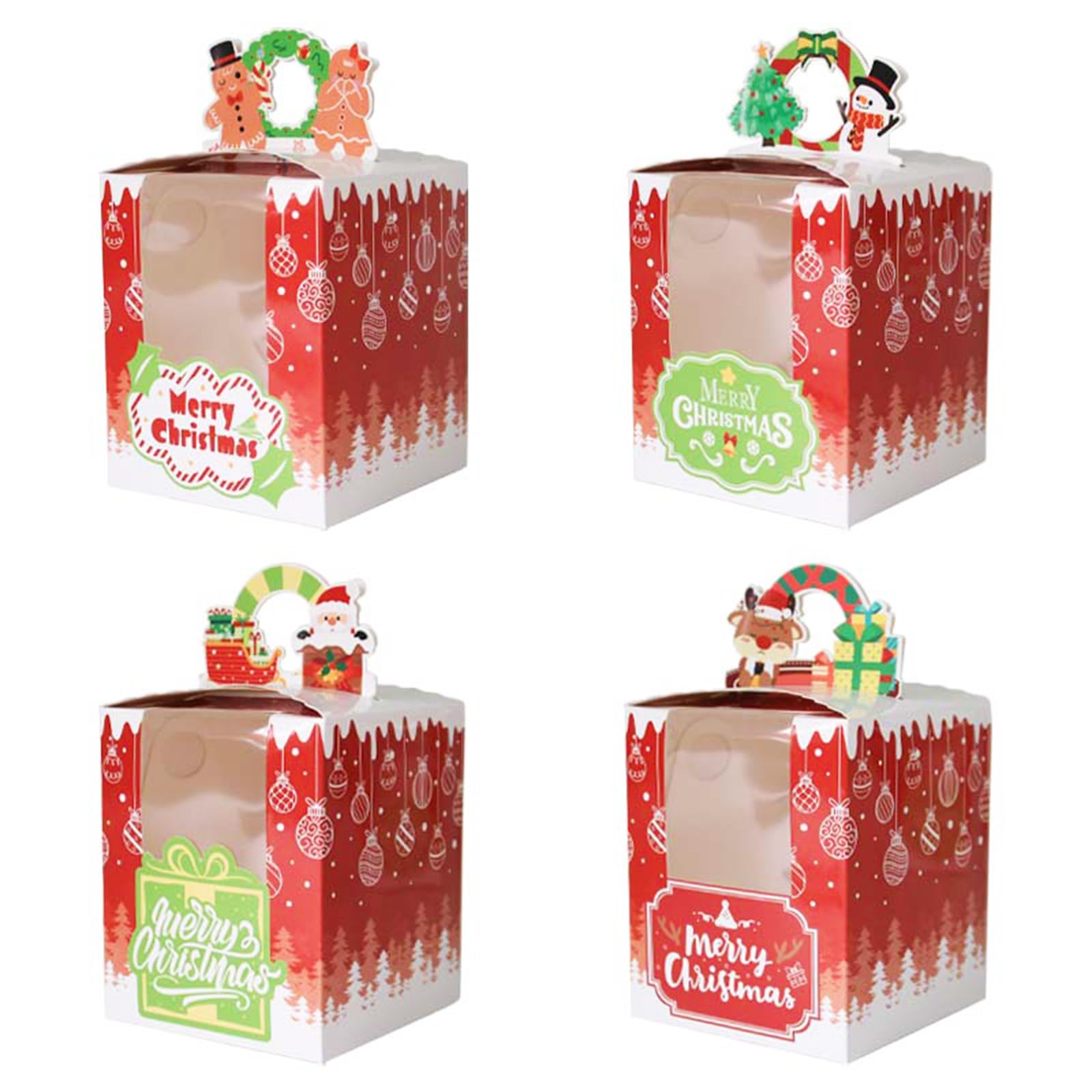 Allbusky 12PCS Christmas Individual Cupcake Boxes Muffin Boxes Cake Boxes and Inserts, 4 Styles Single Cupcake Carrier