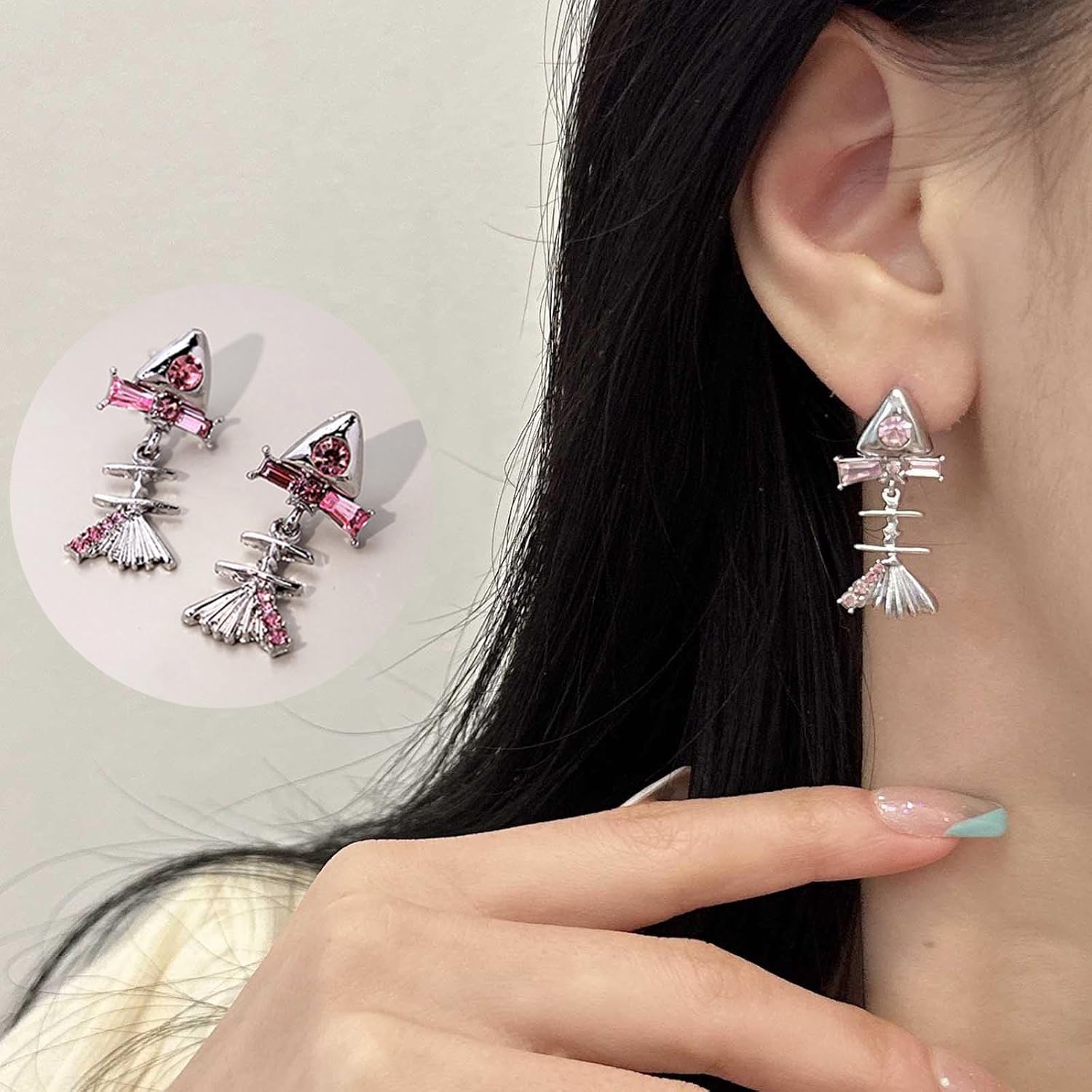 Pink Crystal FishBone Earrings Cute Fish Skeleton Dangle Drop Earrings Sparkly Zircon Fish Bones Stud Earrings Ocean Jewelry for Women - Image 2