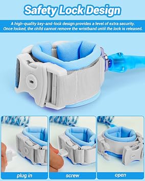 Dr.meter Kids Leash for Toddler, Reflective Anti Lost Wrist Link with Key & Lock, 8.2ft Safety Wristband Child Walking Harness for Supermarket Mall Airport Amusement Park Zoo Travel, Blue