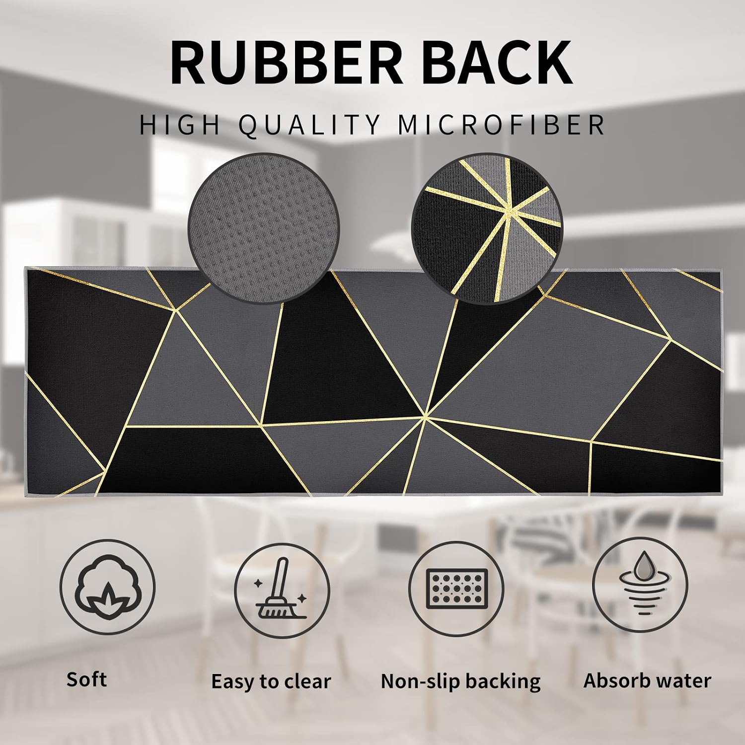 Black Kitchen Rugs and Mats Sets of 2 Pieces Funny Kitchen Decoration Non Slip Super Absorbent Kitchen Mat Runner Rug for Sink,Hallway,Laundry Room (Grey Geometry - Image 5