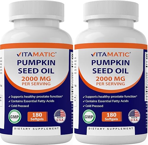 Vitamatic Paquete de 2 cápsulas blandas de aceite de semilla de calabaza de 2000 mg por porción, total de 360 cápsulas blandas, 1000 mg por gel