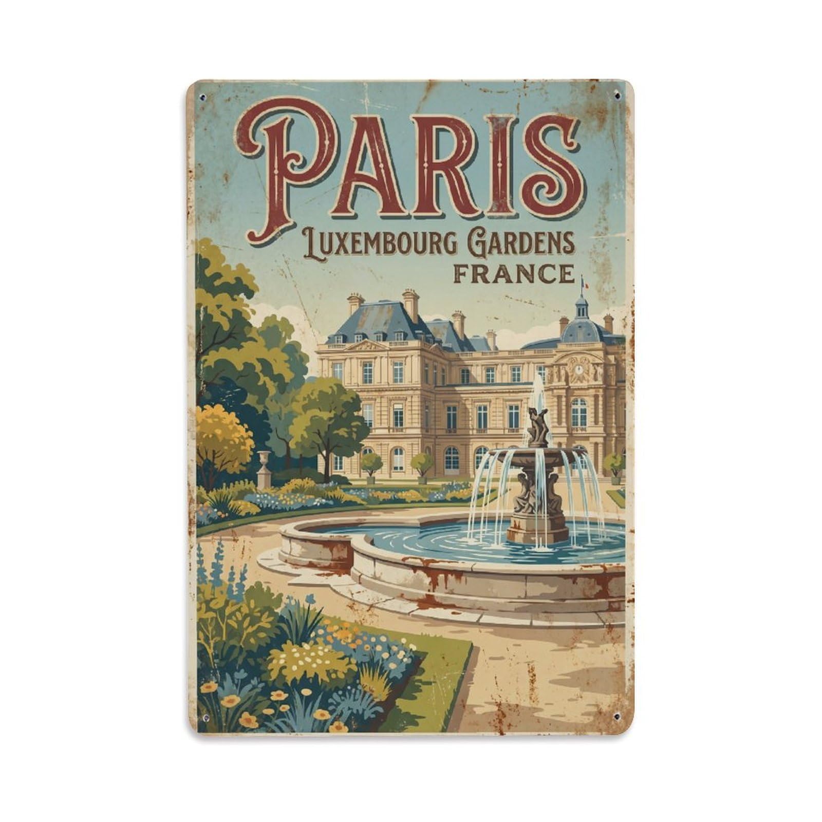 Vintage Travel Paris Luxembourg Gardens Rusted France Metal Tin Sign Plaque Wall Decor for Cafe, Club Bar, Office, Home Garden Metal Poster 8x12Inch