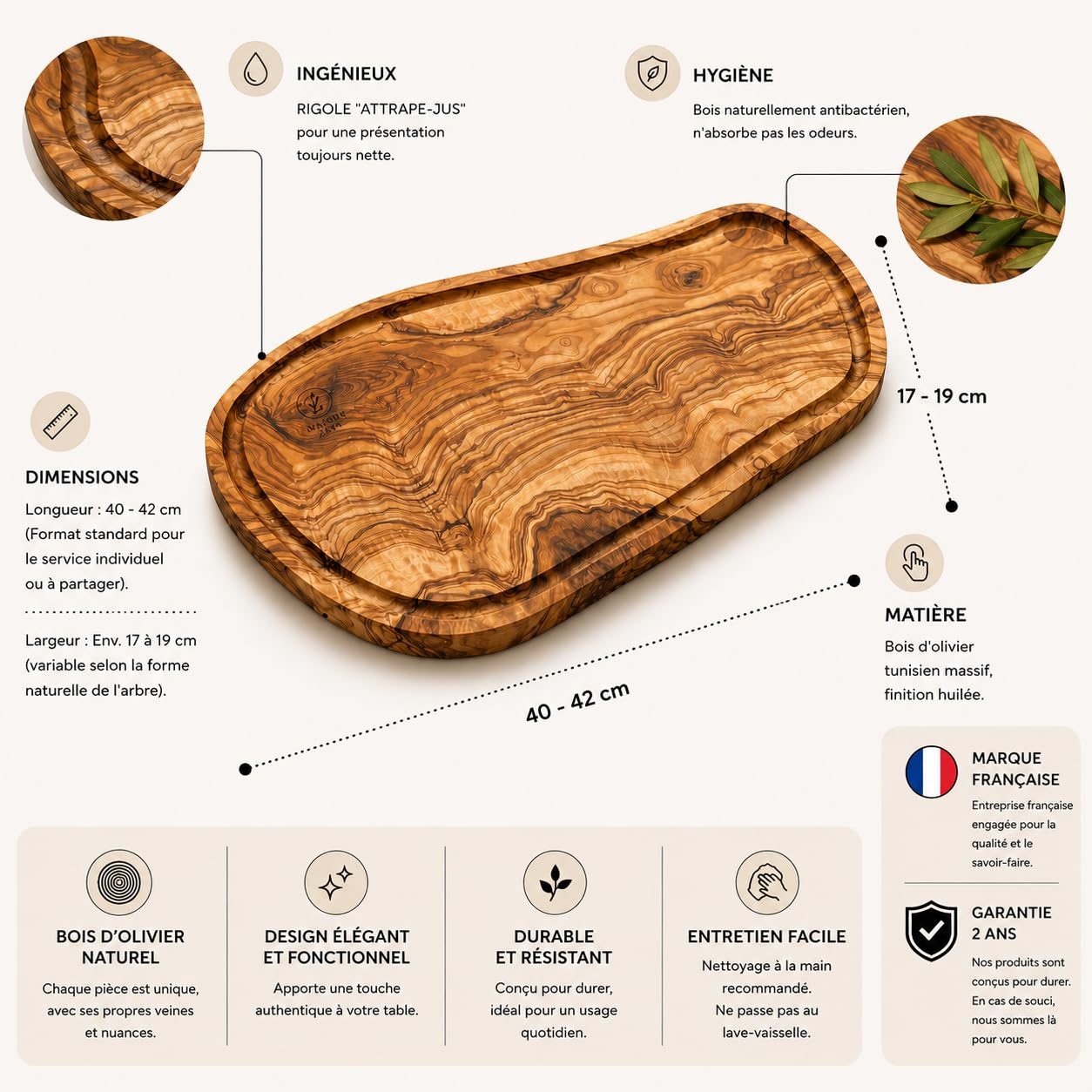 Planche de Présentation Bois d'Olivier Massif | Rainure à Jus & Encoche Épices | Plateau Service Viande Fromage Apéritif 40cm | Live Edge Naturel | Artisanat Tunisien | Maison Zayt - Idée Cadeau
