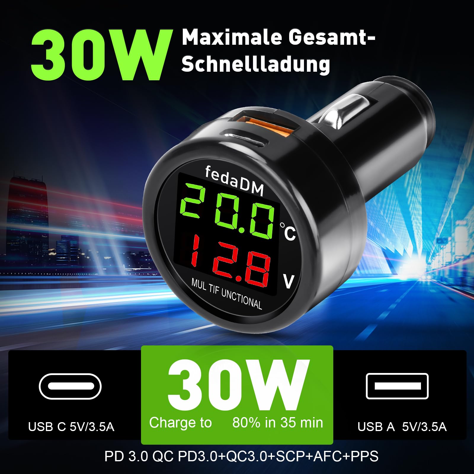 3-w-1 USB C ładowarka samochodowa, cyfrowy woltomierz samochodowy, termometr, 30W PD&QC USB zapalniczka, ładowarka, DC 12V 24V kontroler baterii, do samochodów osobowych, ciężarówek, autobusów