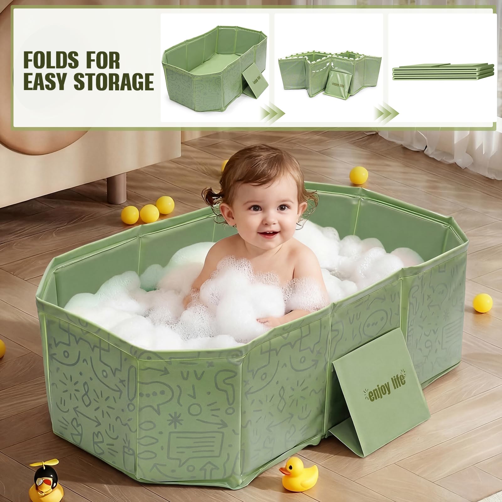 Vasca da bagno pieghevole per bambini, 75 cm, portatile, per neonati e bambini, antiscivolo, salvaspazio, pieghevole, con tappo di scarico, senza BPA, verde menta