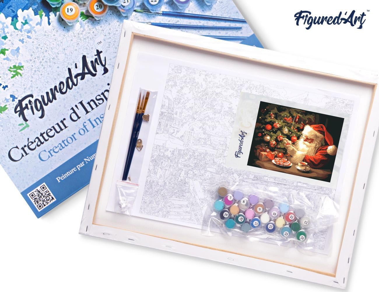 Figured'Art Paint by Numbers for Adults with Frame Jolly Santa's Evening 16x20in - Craft Art Painting DIY Kit Canvas Already Stretched on a Wooden Frame