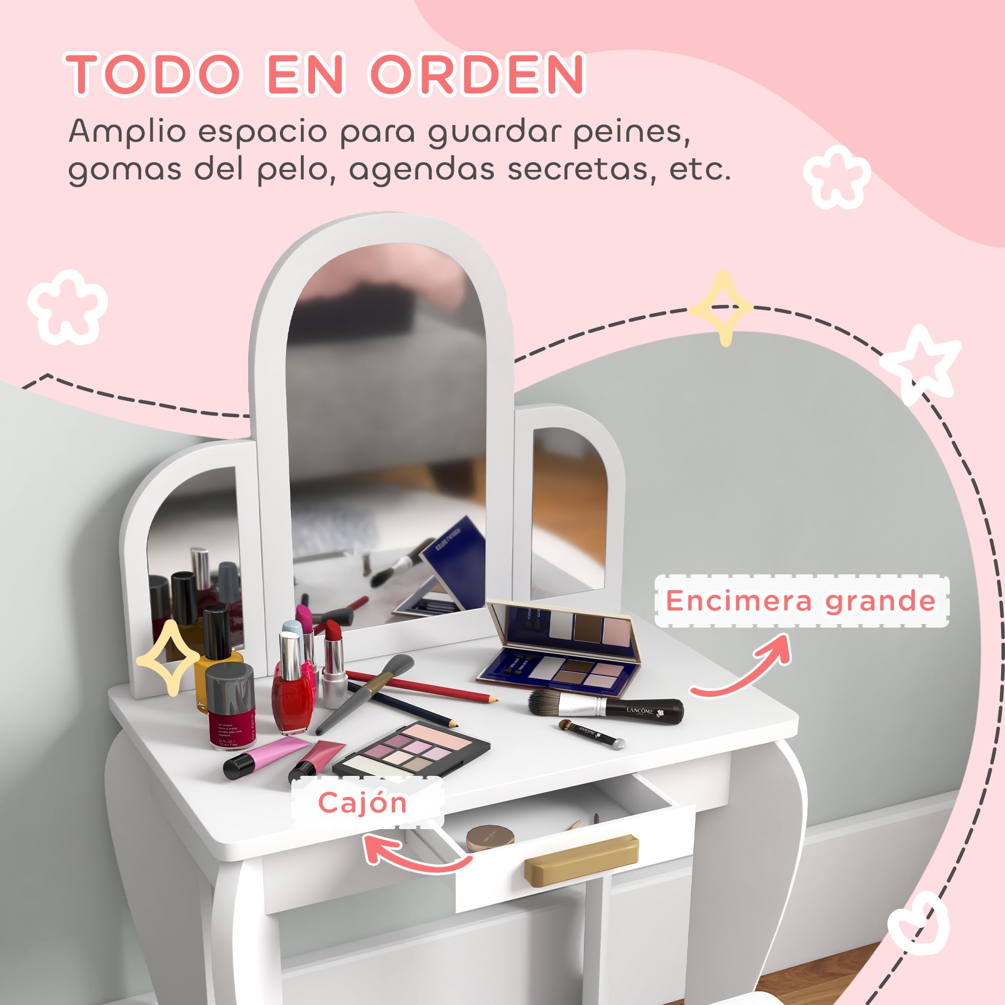 HOMCOM Tocador Infantil con Taburete y Espejo, Tocador para Niñas con Cajón, Mesa de Maquillaje para Niños y Niñas de 3-6 Años, Blanco