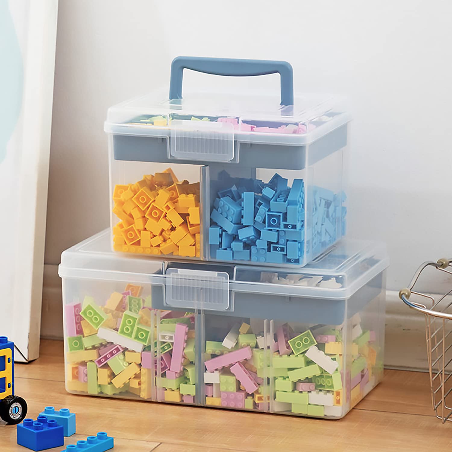 Caja de almacenamiento pequeña de plástico transparente con asa y una bandeja extraíble y divisor ajustable, caja de arte para niños, estudiantes, niños, organizador de escritorio, caja de