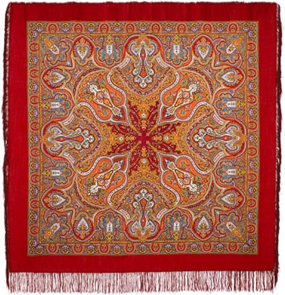 Pavlovo Posad Wool Shawl for Women with Silk Fringe 57.5x57.5'' (146x146 cm) 100% Wool Scarf for Women, Wrap, Fashion Scarves