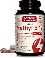 Vista 1 de Jarrow Formulas Vitamina B12 5000 mcg - Máxima fuerza para energía celular y salud cerebral, 90 tabletas masticables de cereza, vitaminas B12 5000