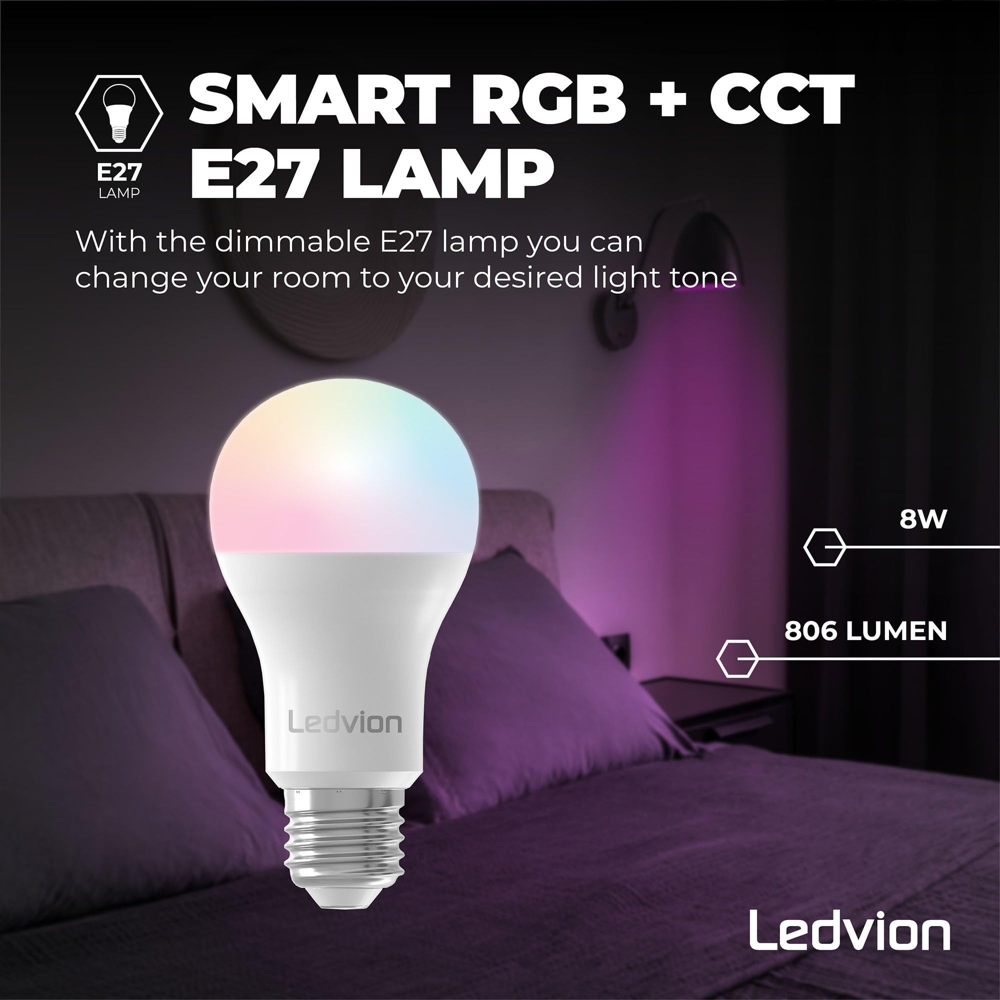 Ledvion - 10X SMART RGB+CCT Lampada LED E27, 8W, 806 Lumen, Illuminazione Wi-Fi, Dimmerabile, Alexa & Google Home