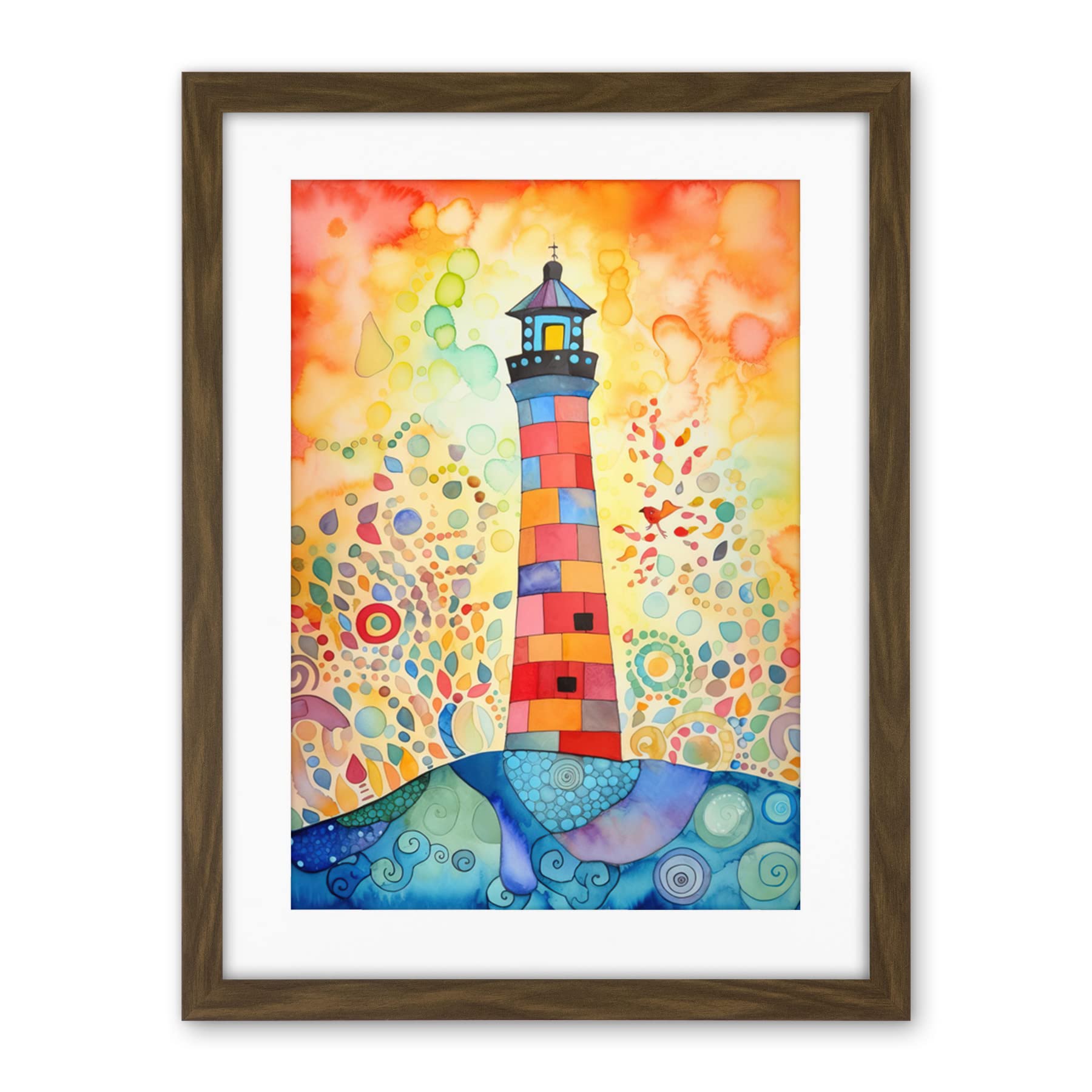 Artery8 Lighthouse At Sunset Dreamy Folk Art Watercolour Painting Artwork Framed Wall Art Print 18X24 Inch