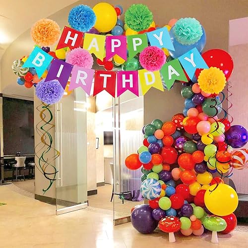 Miniatura 6 de Decoraciones coloridas de cumpleaños de arcoíris, pancarta de feliz cumpleaños con pompones, guirnalda circular de papel, serpentinas para niñas y