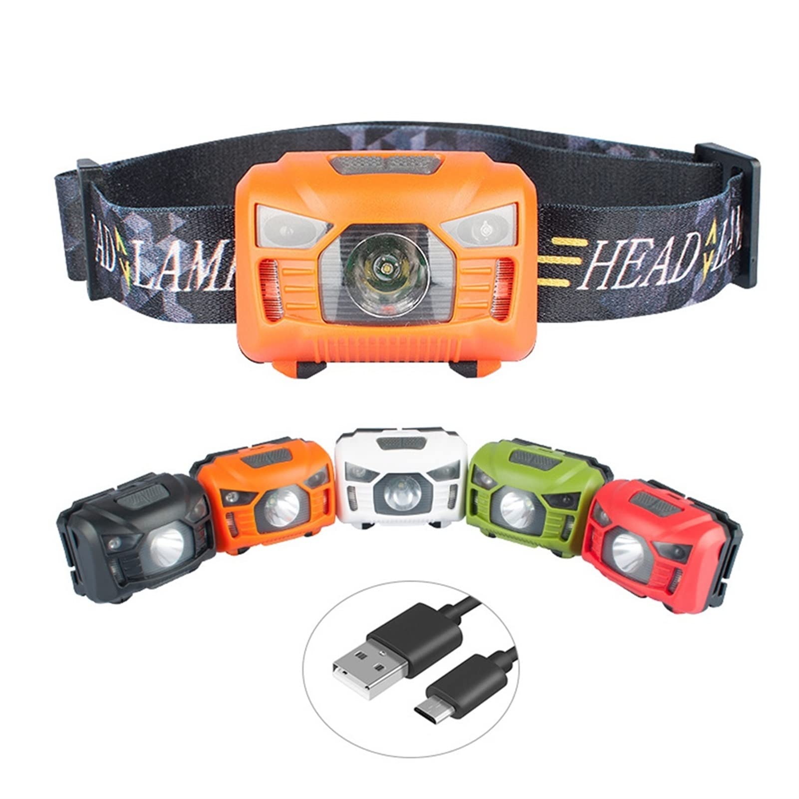 Latarka na głowę, Czujnik ruchu Akumulator USB Super jasny Latarka czołowa Wygodna Kompaktowy Białe/czerwone światło Nastawny Reflektor LED do wędkowania na kempingu (Color : Orange)