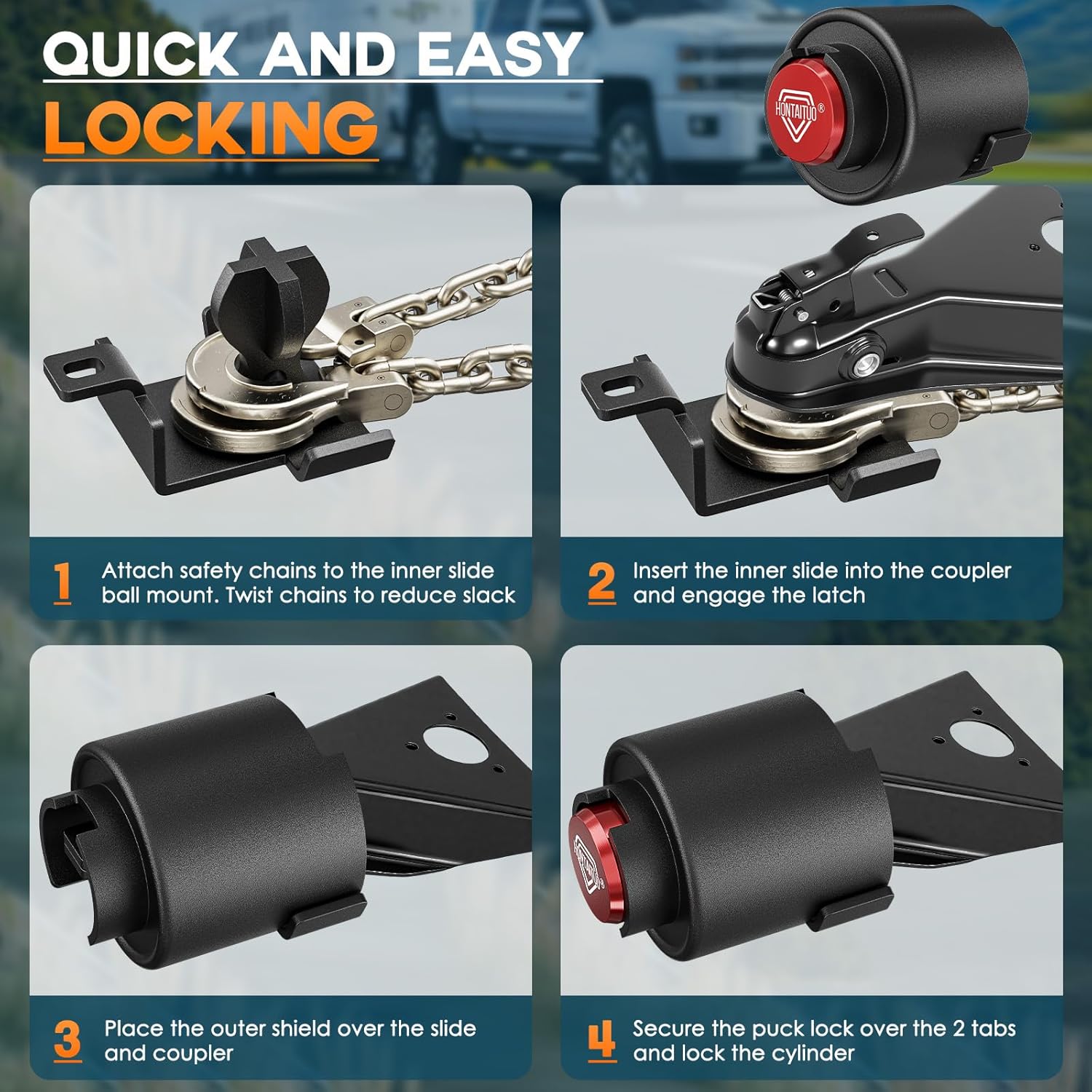 2-5/16" Heavy Duty Trailer Lock - Ball Coupler and Safety Chains Anti-Theft, Solid Steel Trailer Tongue Lock for RV, Boat, Camper, Cargo Trailers Trailer Hitch Locks