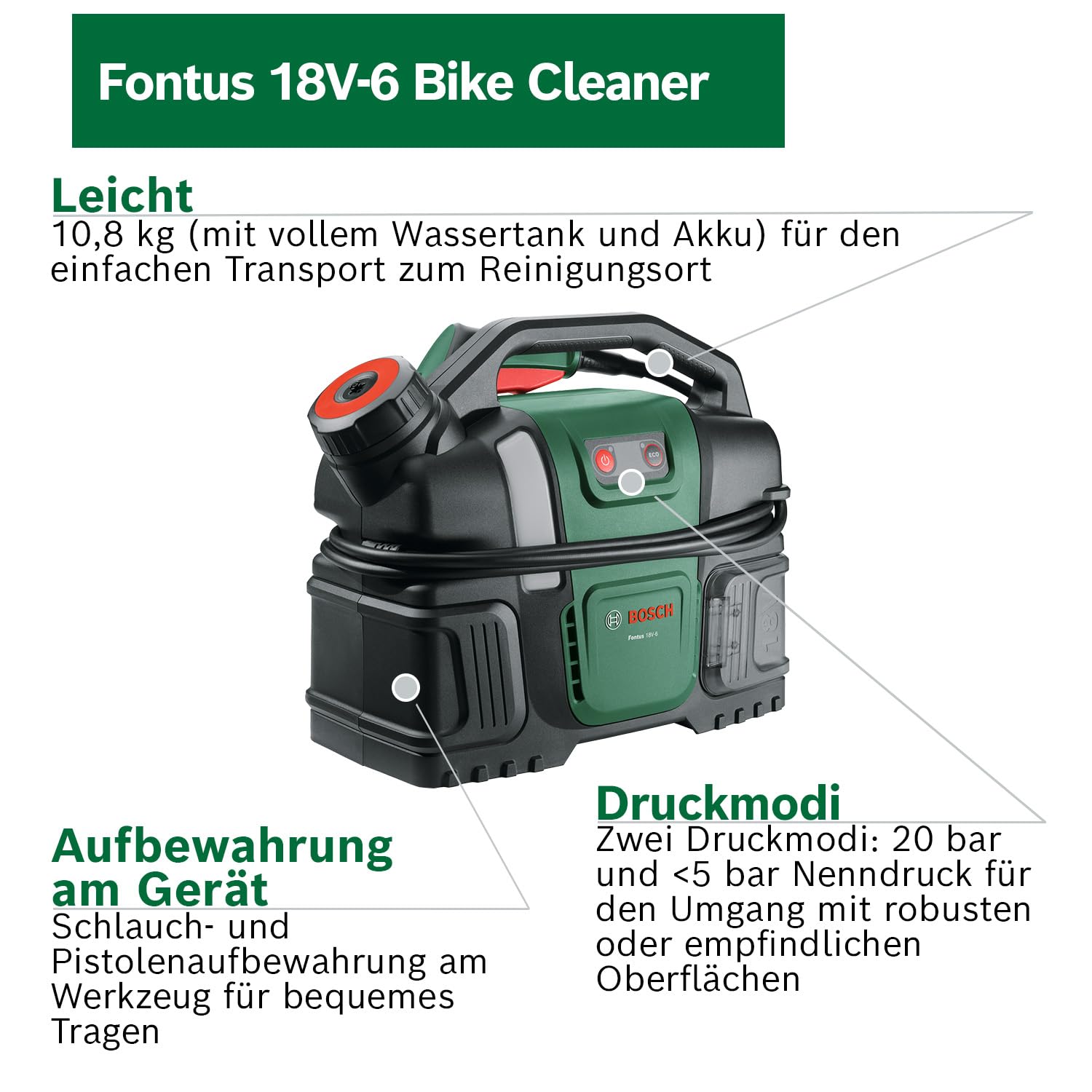 Bosch Akku-Druckreiniger Fontus 18V-6 für Fahrräder (mobil, mini, 6-Liter-Wassertank, 8 Druckstufen, Aufbewahrung für Schlauch und Pistole, inkl. 1 x 2,0 Ah 18V Akku und Ladegerät)