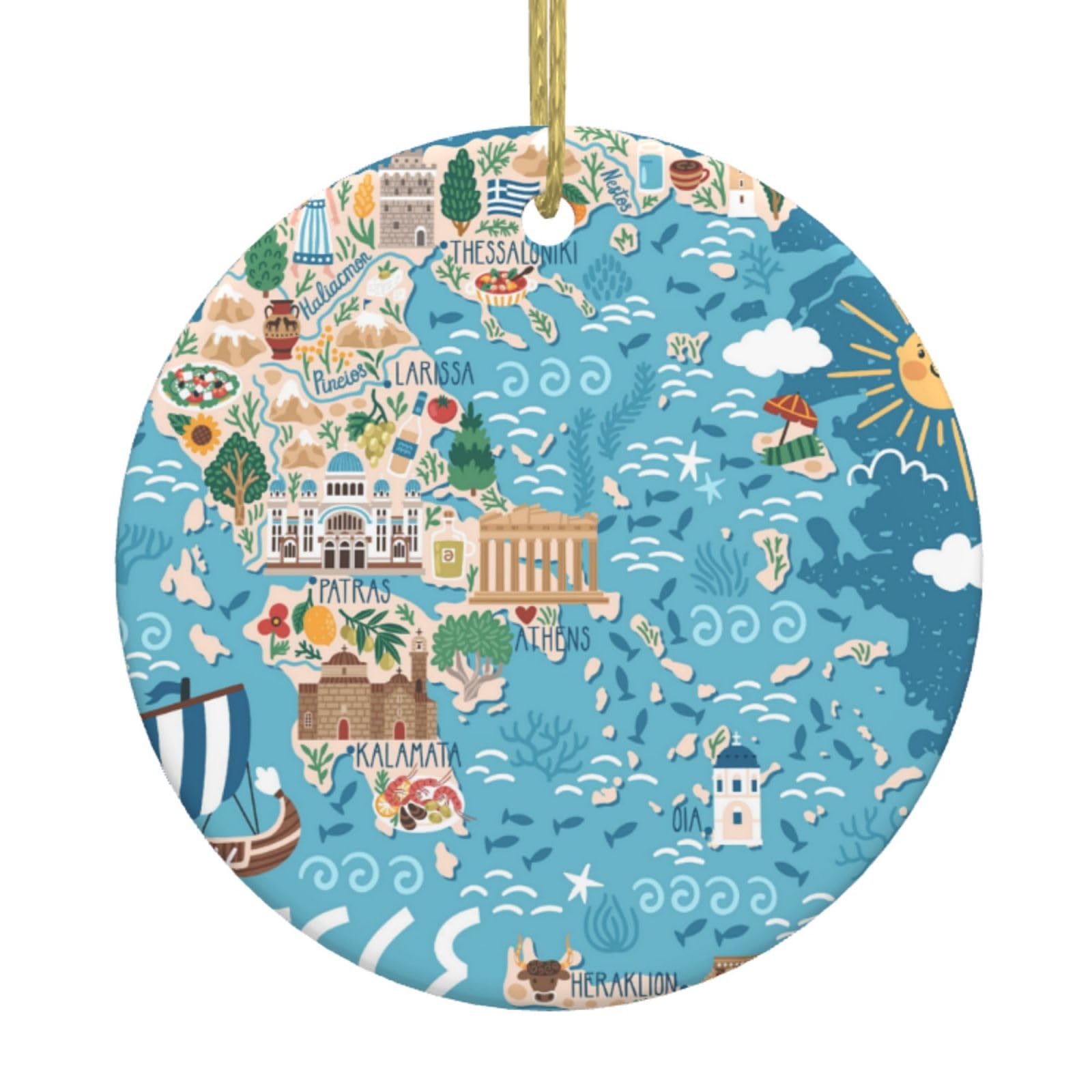 Feetox White Greece Map Christmas Tree Ceramic Hanging Xmas Tree Decoration Bauble Round Ceramic Decorations Decorative Home Decoration