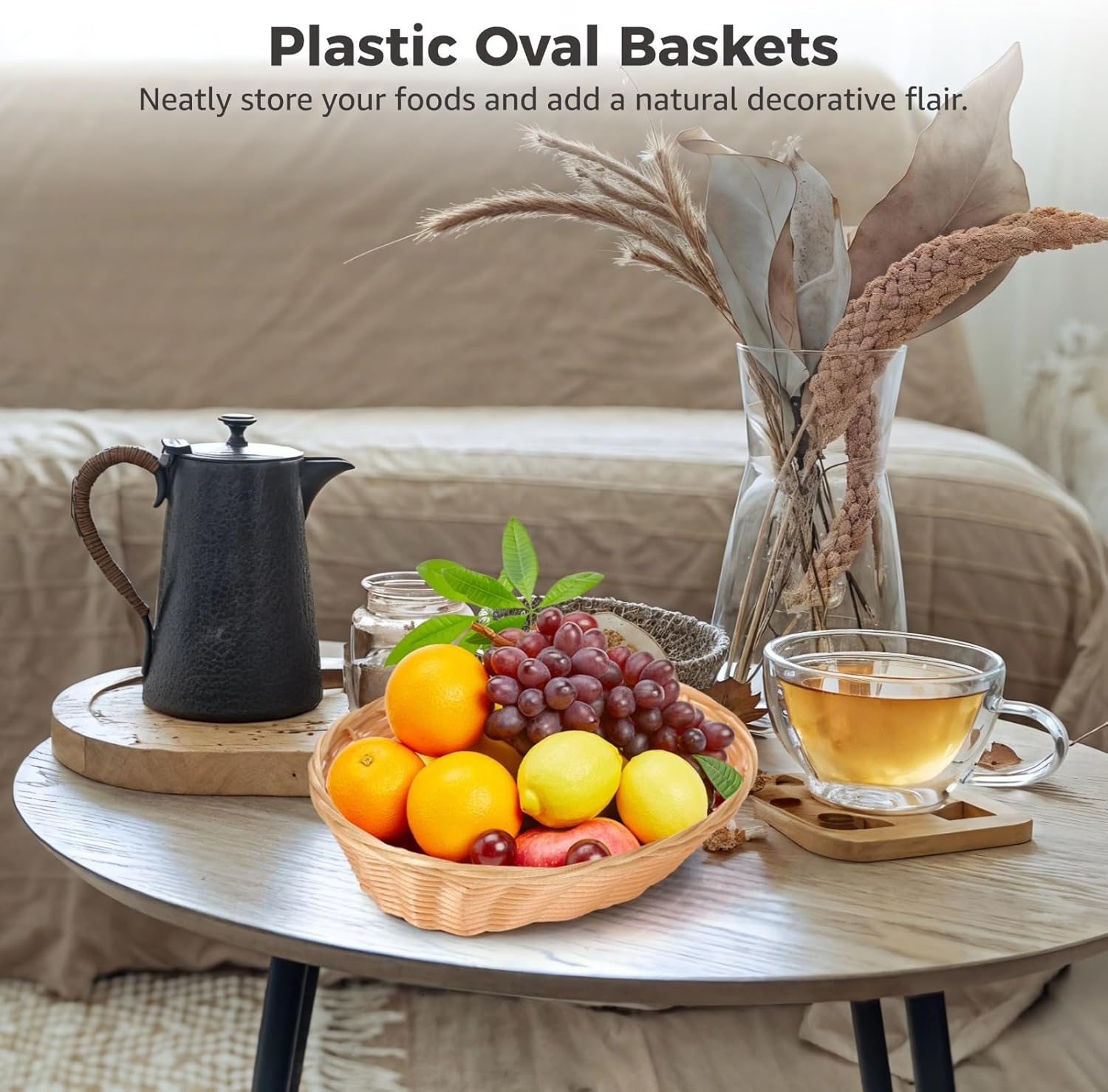 BOSREROY 12 Oval Plastic Baskets for Food Storage, Wicker Style Serving Baskets, Stackable and Lightweight Kitchen Bins for Snacks and Fruits