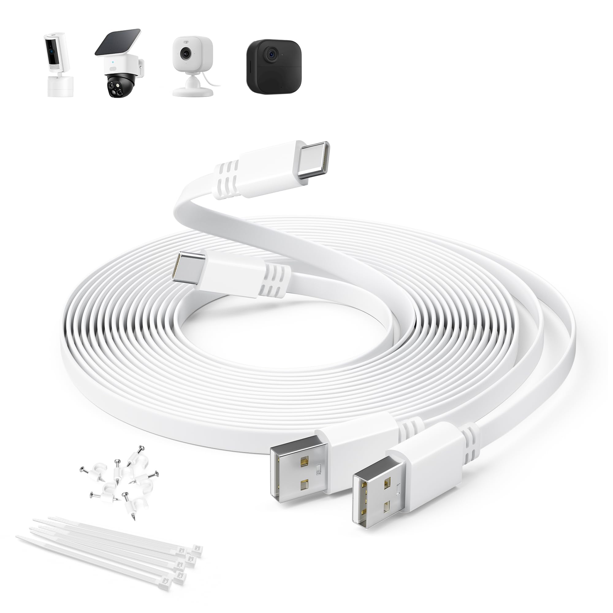 Itramax Extra Long USB A to USB C Extension Cable 30FT,2Pack Flat Charging Cord for Outdoor Security Camera Power Supply Compatible with Blink Mini 2/Outdoor 4,eufy Cam 3C,EZVIZ CB2/H6,Tapo C120,White
