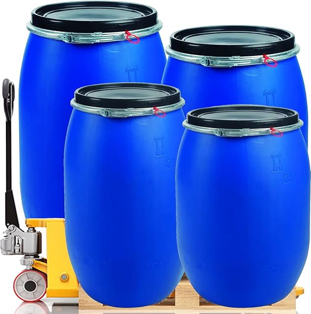 STORM TRADING GROUP 120 Litre LARGE Plastic Blue Open Top Storage Barrel Drum Keg with Lid and Latch Ring, Food Grade for Shipping, Air Tight Industrial Storage Container (1)