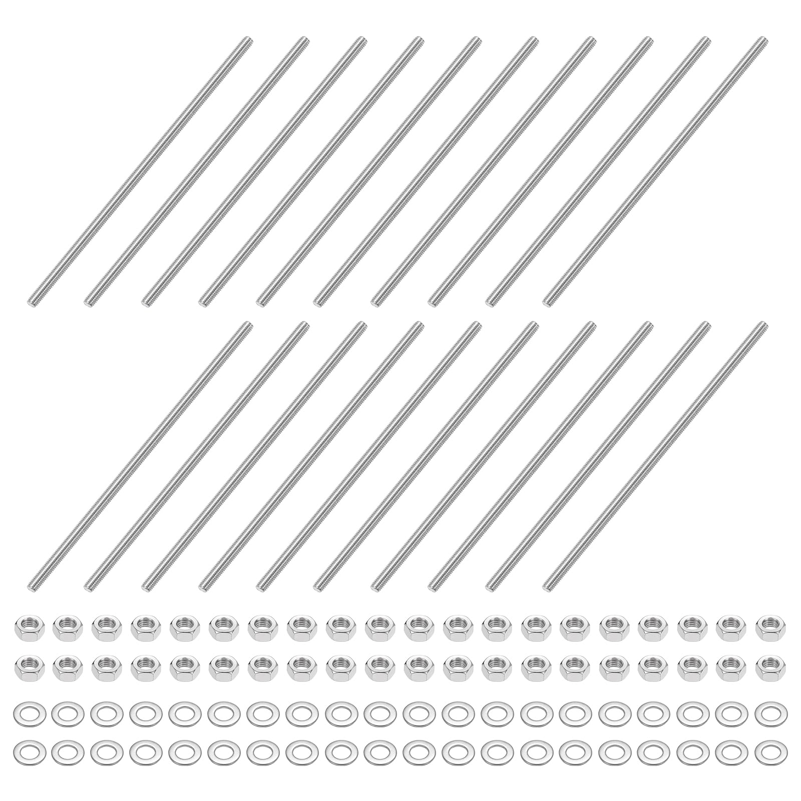 uxcell 20pcs Fully Threaded Rod, M3 x 110mm Stainless Steel Right Hand Threads Rods with Nuts and Flat Washer Fully Studding Rod Bar for Clamps, Hangers and U-Bolts