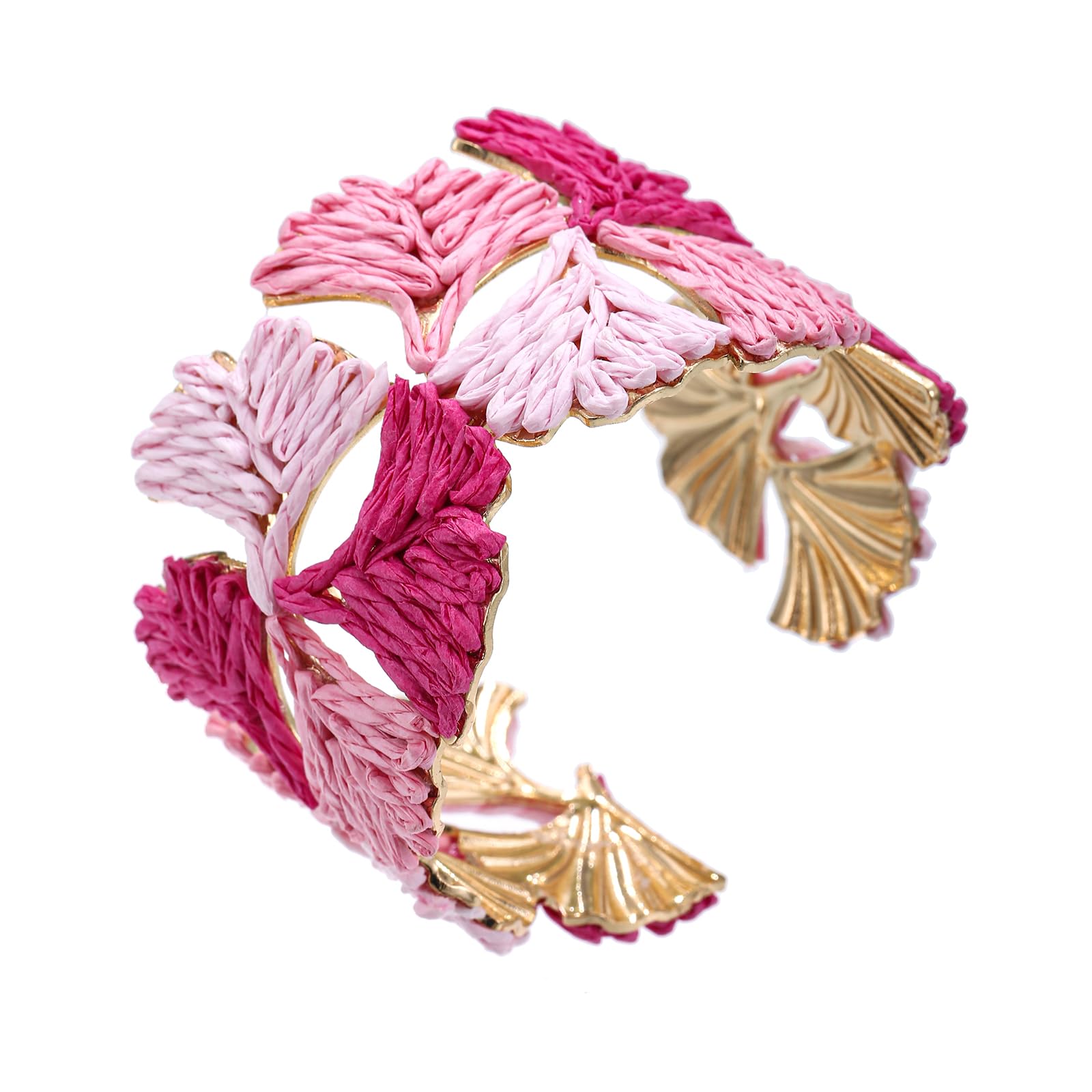RUOFFETA Women's Raffia Cuff Bracelet with Ginkgo Leaf, Handmade Summer Beach Jewelry, Vibrant Gradient Colors, Adjustable Open Cuff Design