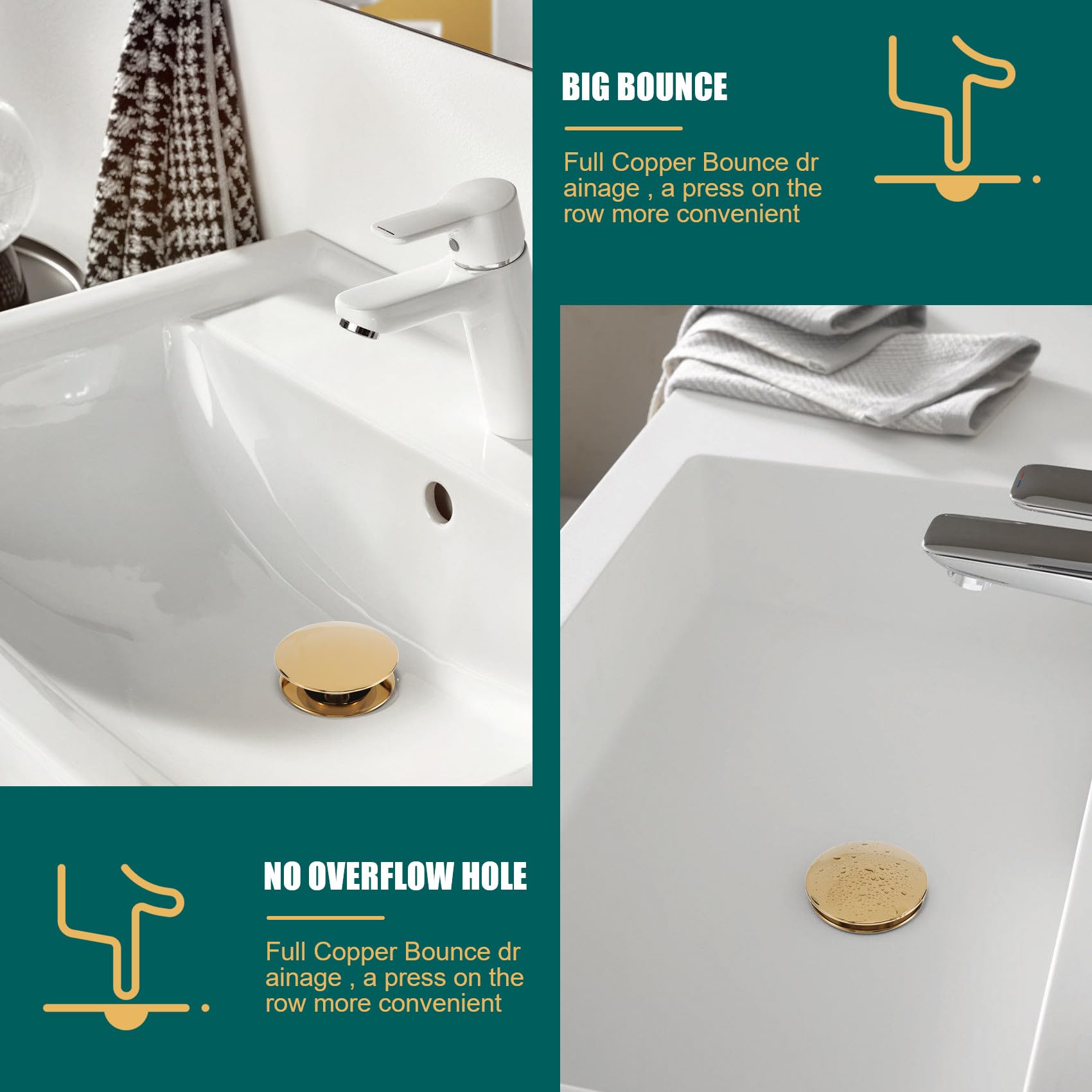 Bonde D'éVier sans Trop-Plein Salle de Bain Popup Drain Assembly Bouchon Lavabo Laiton Brossé pour Cuisines, Bain, Lavabo, Évier, Or