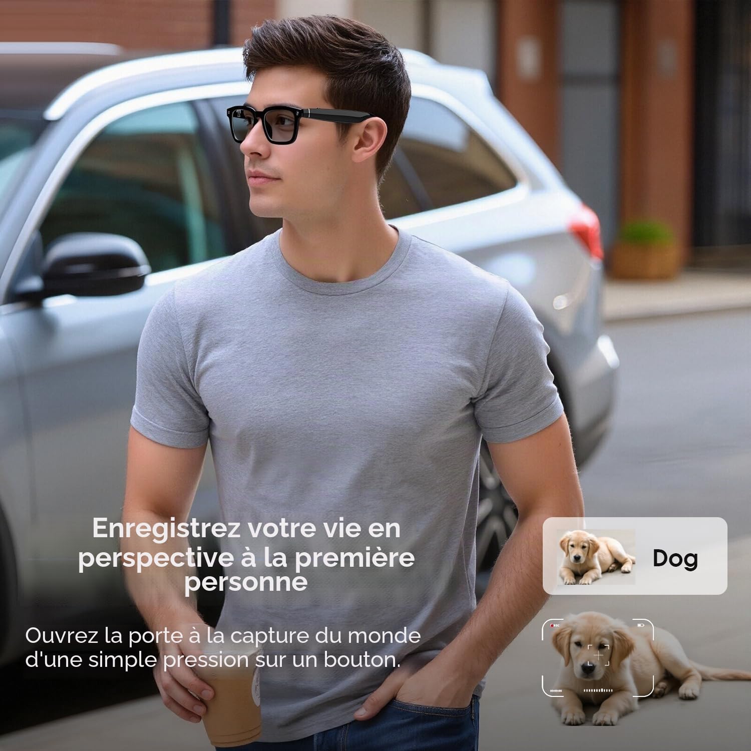 AI Smart Glasses Caméra HD 1200P avec 8 MP Anti-tremblement, lentilles photochromiques pour l'extérieur et Les Voyages, Enregistrement vidéo, Reconnaissance des Objets AI et intégration