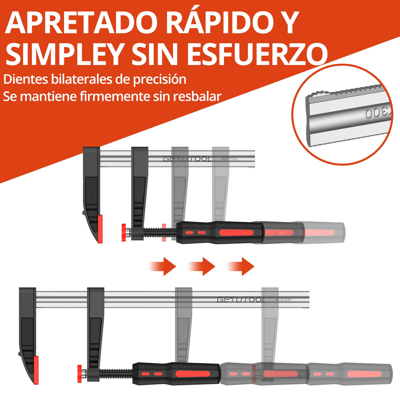 GETLITOOL 4 piezas Sargentos 300mm, Profundidad 80mm, Alta Resistencia 270kg, para Carpintería Profesional y Bricolaje (2pcs 6'' 2pcs 12'')