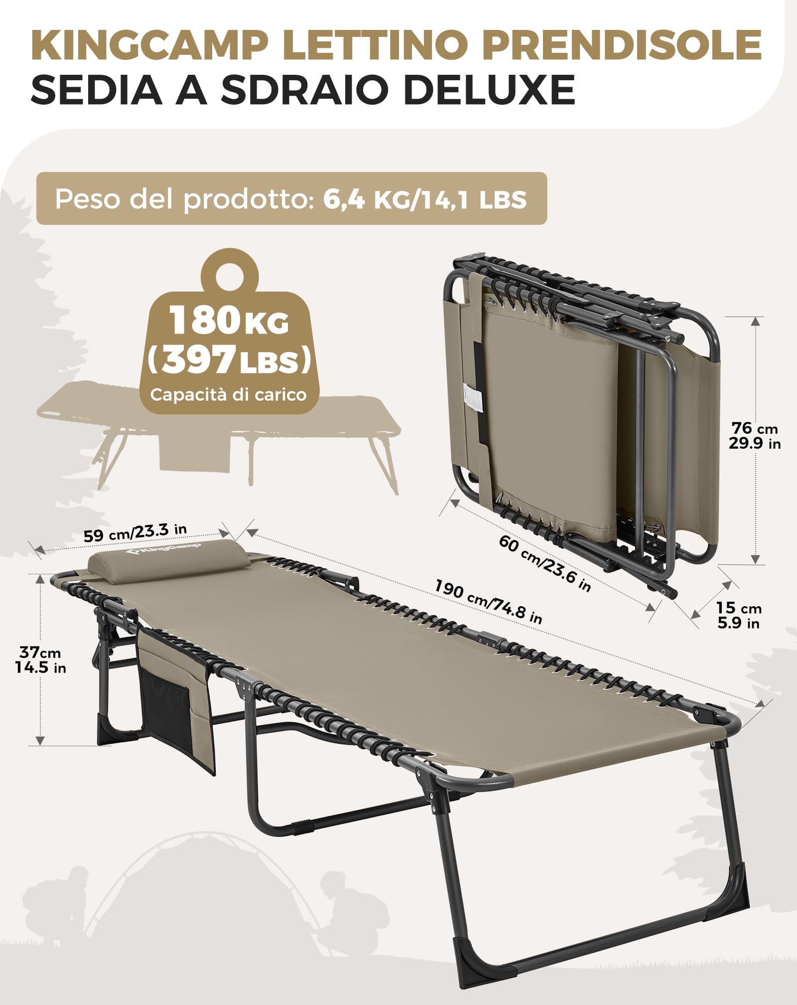 KingCamp Sedia a sdraio pieghevole con schienale regolabile in 5 posizioni, sdraio da giardino, sdraio da spiaggia, campeggio, lettino pieghevole con cuscino per la spiaggia, il giardino, la terrazza