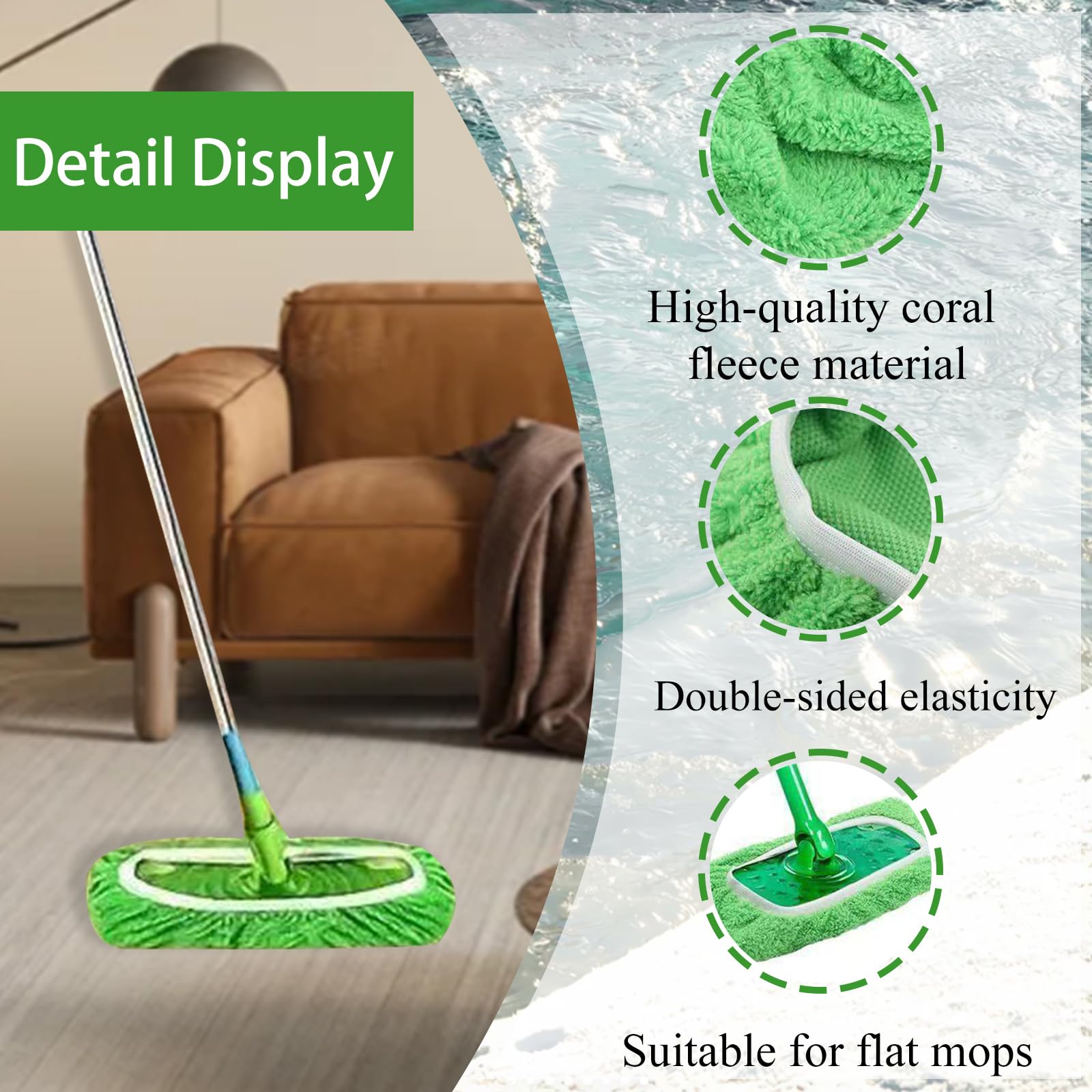 20 Piezas Mopa Repuesto Kit Mopa Forro Polar Coral Repuesto Kit 25.4x11.5cm Reutilizables Repuestos Mopas Lavables y Reutilizables para Limpiar Suelos Duros de Madera-Verde