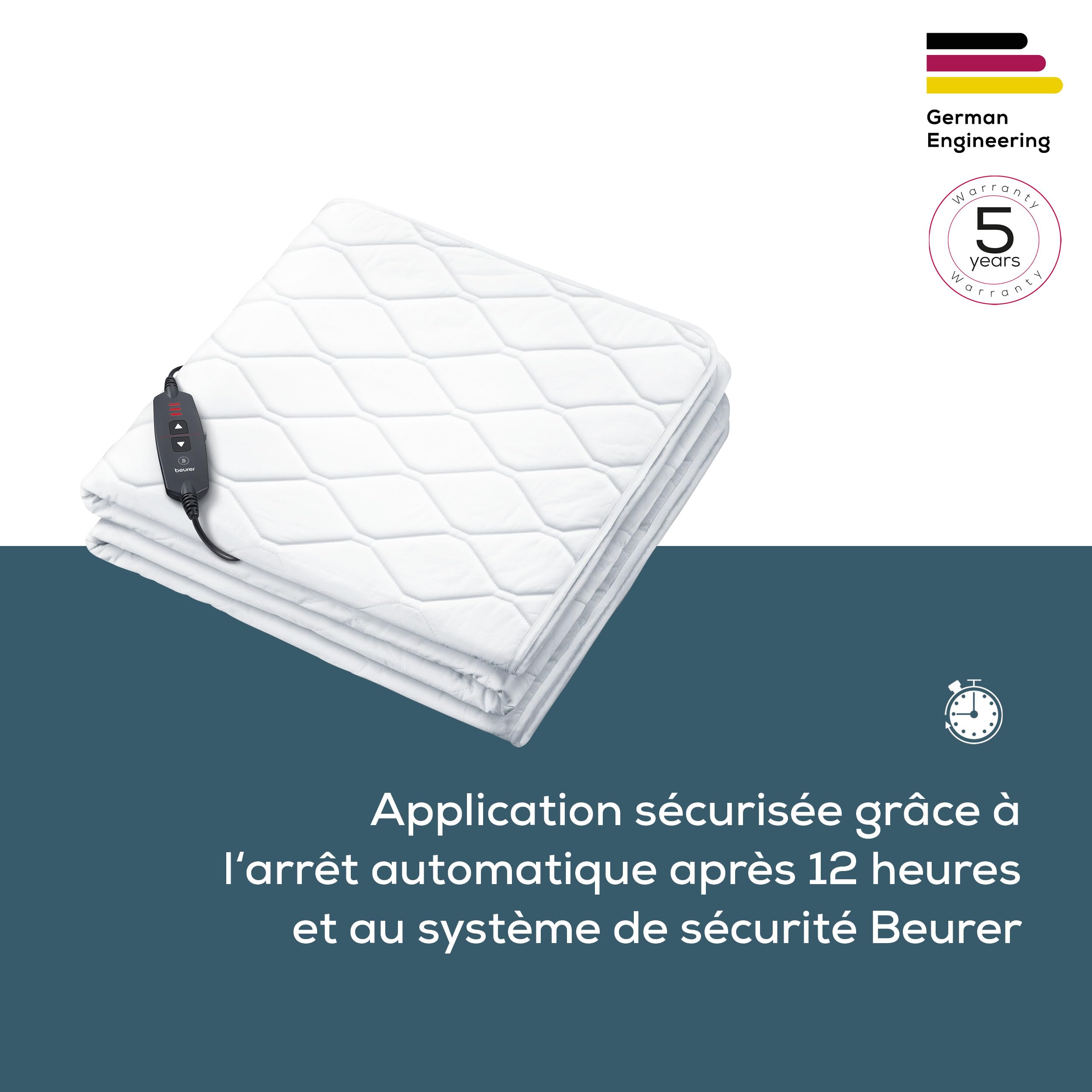 Beurer UB 74 sous-couverture chauffante 200x100 cm, électrique avec 3 niveaux de température, arrêt automatique, protection contre la surchauffe, lavable, forme drap-housse pratique